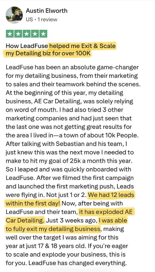 Trustpilot review from Austin Elworth: exit and scale my detailing biz for over 100K