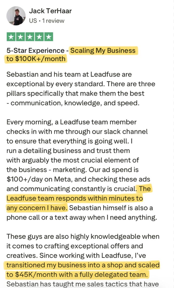 Trustpilot review from Jack TerHaar: scaling my business to $100K+/month