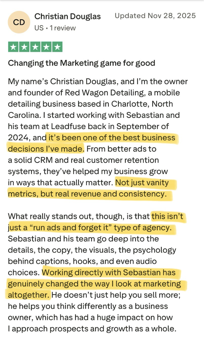 Trustpilot review from Christian Douglas: changing the marketing game for good