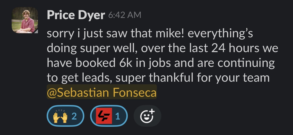 Slack message from Price Dyer