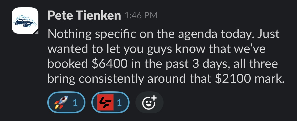 Slack message from Pete Tienken