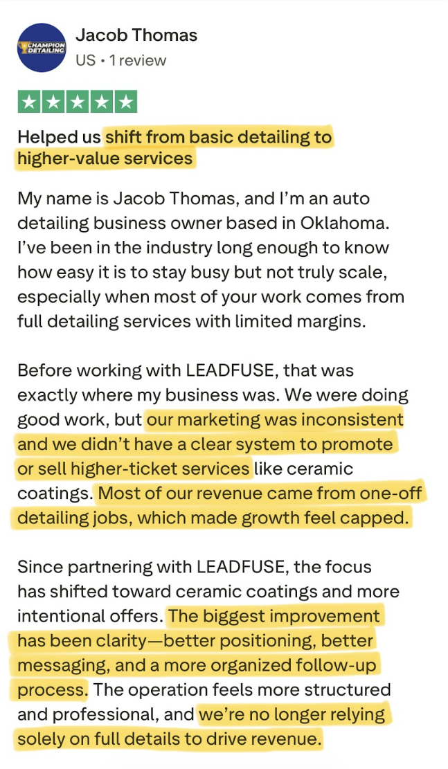 Trustpilot review from Jacob Thomas: shift from basic detailing to higher-value services