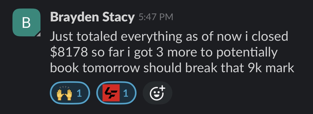 Slack message from Brayden Stacy