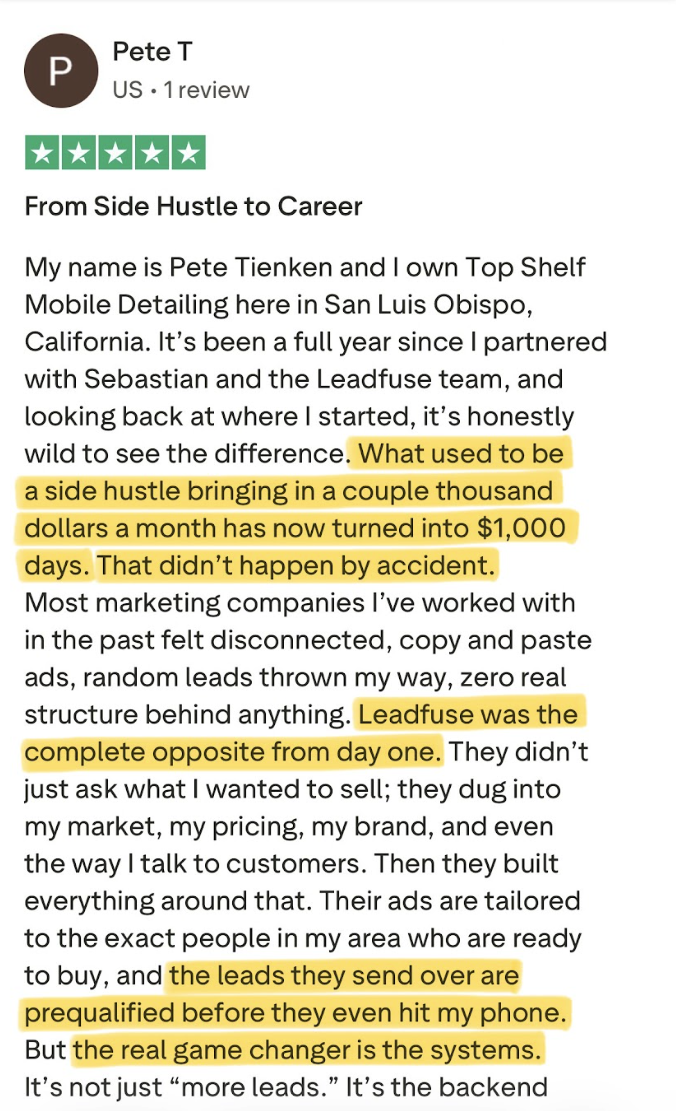Trustpilot review from Pete Tienken: from side hustle to career